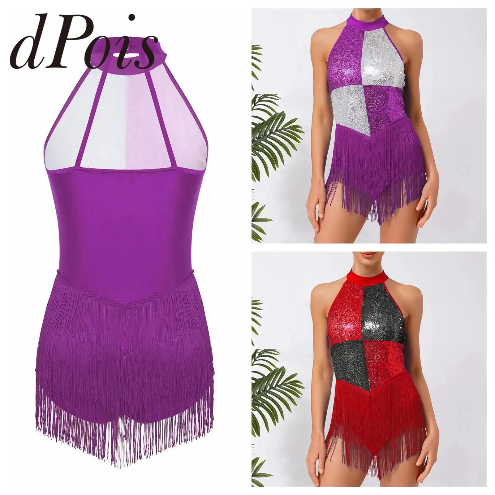 

Women Samba Salsa Latin Tassels Leotard Dress Jazz Dance Costume Adults Color Block Shiny Sequins Bodysuit Performance Clothes
