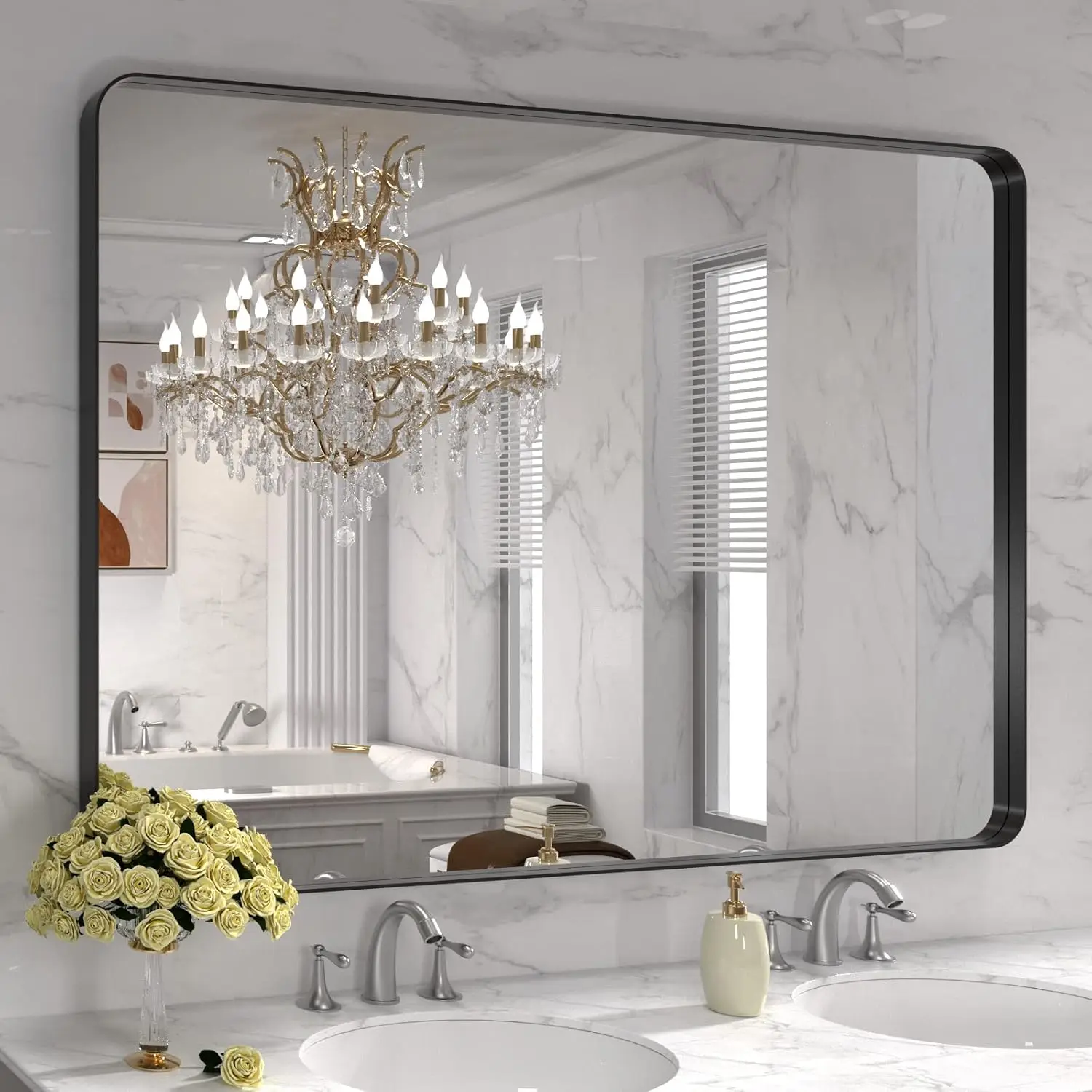 48X32 Inch Black Metal Framed Wall Bathroom Mirror Matte Black Rounded Rectangle Vanity Mirror Anti Rust Tempered Glass Hangs Ho