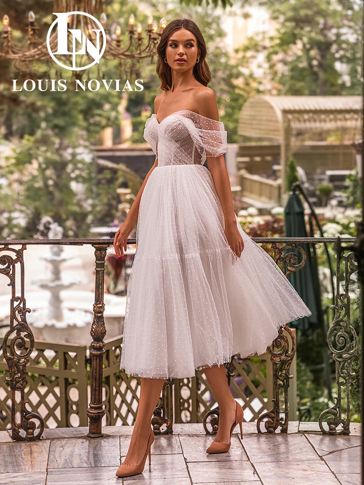 LOUIS NOVIAS A-Line Wedding Dress Sexy Sweetheart Mid-Cal Bridal Gown Off the Shoulder Polka Dot Wedding Gown Vestidos De Novia