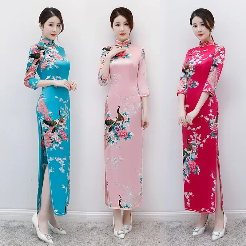 Maat 6xl Bloemen & Pauw Chinese Lady Cheongsam Qipao Print Bloem Sexy Lange Jurk Bruid Trouwavond Feestjurk Vestidos