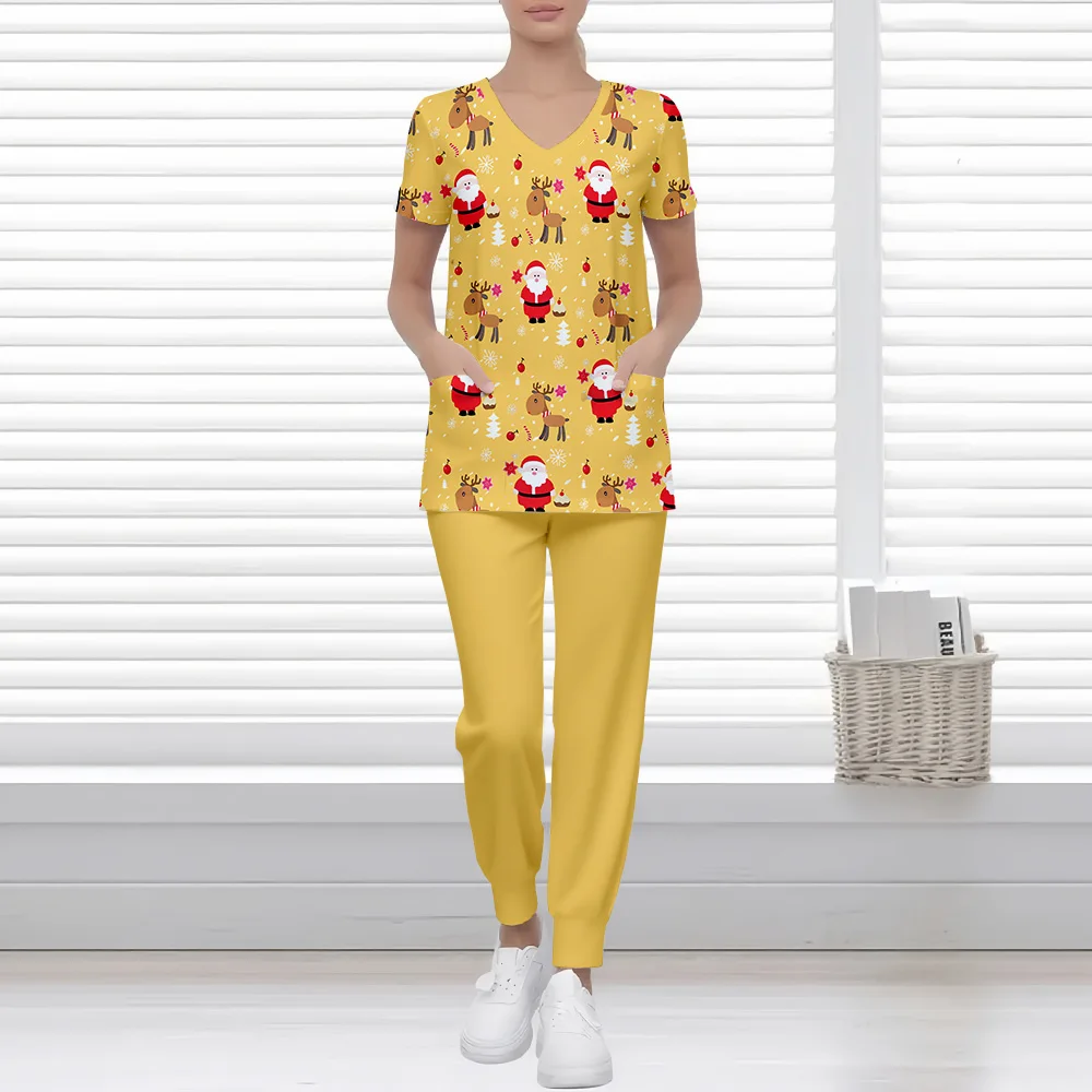 ชุดแพทย์สตรีคริสต์มาสสโนว์แมนรูปแบบพิมพ์ชุดทันตแพทย์ชุดแฟชั่นชุดผ่าตัดผู้หญิงแขนสั้นชุด
