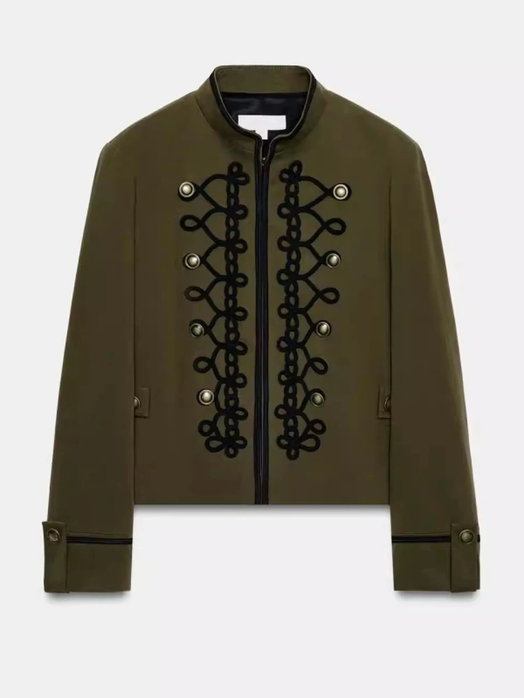 

Весна 2026: Женский приталенный пиджак с подплечниками и бантом, в стиле ретро, с длинными рукавами, воротником-стойкой и застежкой на пуговицах