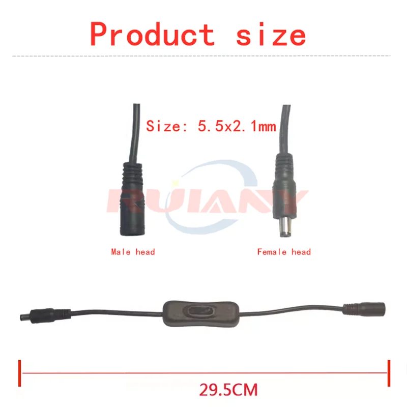 Conector de CC de 5,5x2,1mm, interruptor 304 con cinta de cable, enchufe de CC con conector de cable, Estilo negro