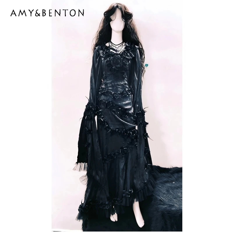 

Original Gothic Dark Long Sleeve Lace Splicing Women's Dress Autumn New Palace Style Classical Princess Retro Dresses Ladies
