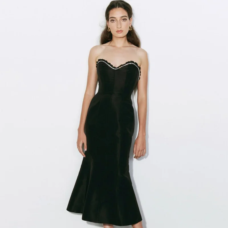 

Sweetheart Black Satin Dress Beaded Midi Tea Length Prom Dress Open Back Mermaid Elegant Woman Clothes Ruffled Evening Gowns