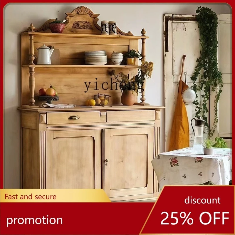 

CZ Solid Wood Carved Vintage Style Natural Wood Color Home Dining Sideboard Classical Display Wine Cabinet