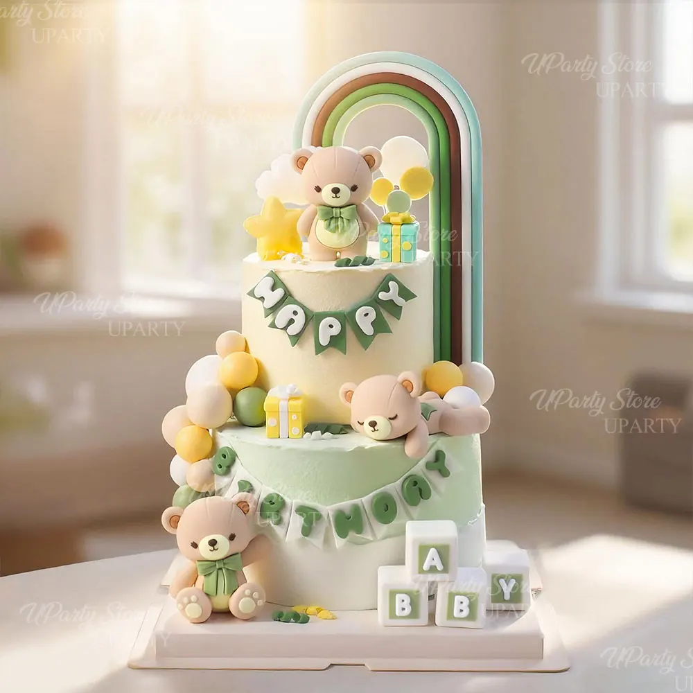 1 Set Grüne Bären-Kuchendekoration für Babyparty Gold Salbeigrüne Schaumstoffbälle Schleife Bären-Kuchenaufsatz für Mädchen Jungen Geburtstagsfeier Deko – Detail 10