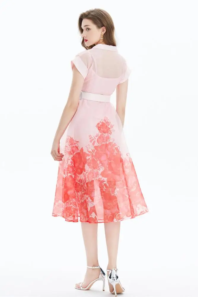 감성적인 실크 기질 작업복, 프린트 허리띠 원피스 롱 스커트