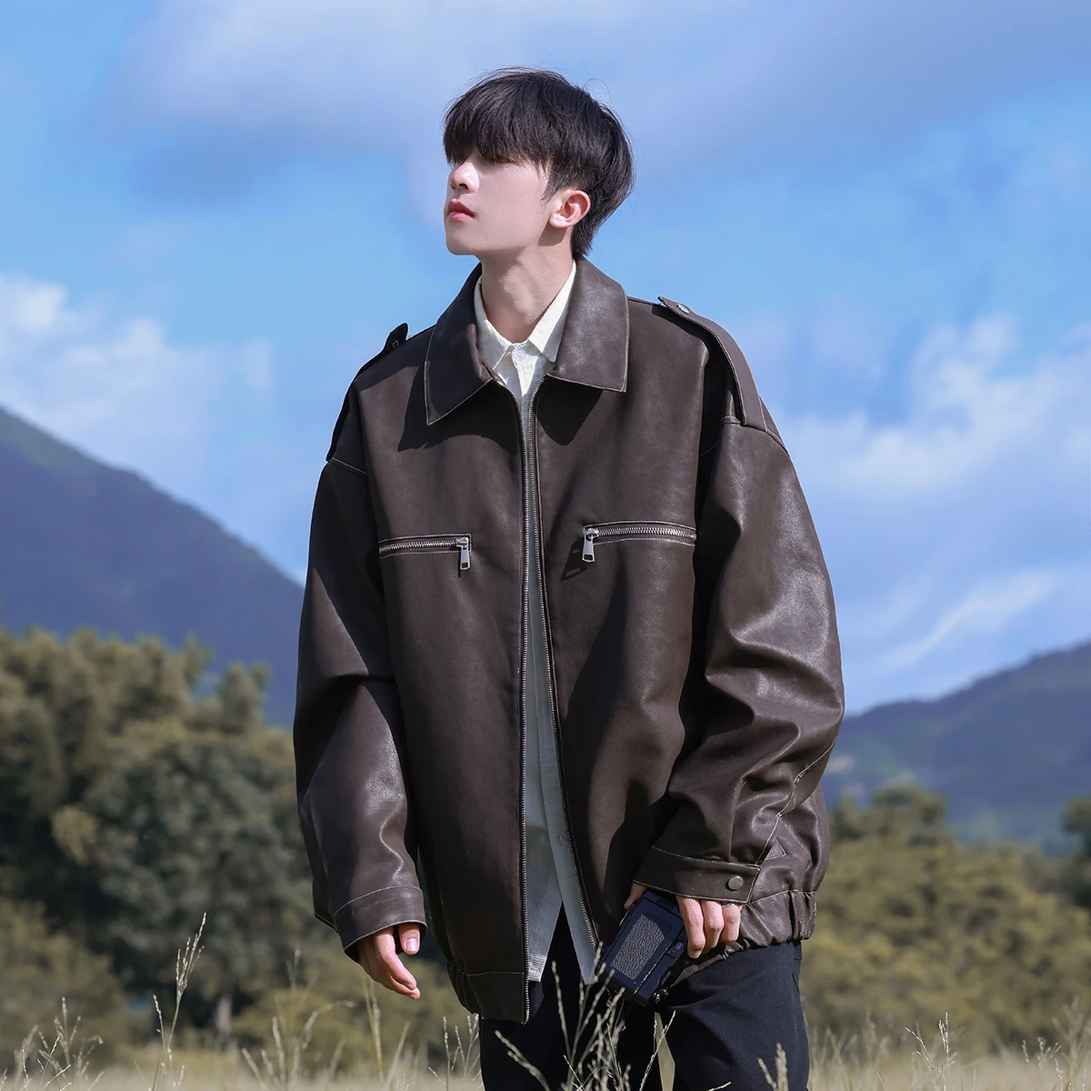 

Leather Jaet Men's Spring Autumn New Sle American Pilot Jaet Cool Motorcycle Clothes for Teenage Boys Faionable Function