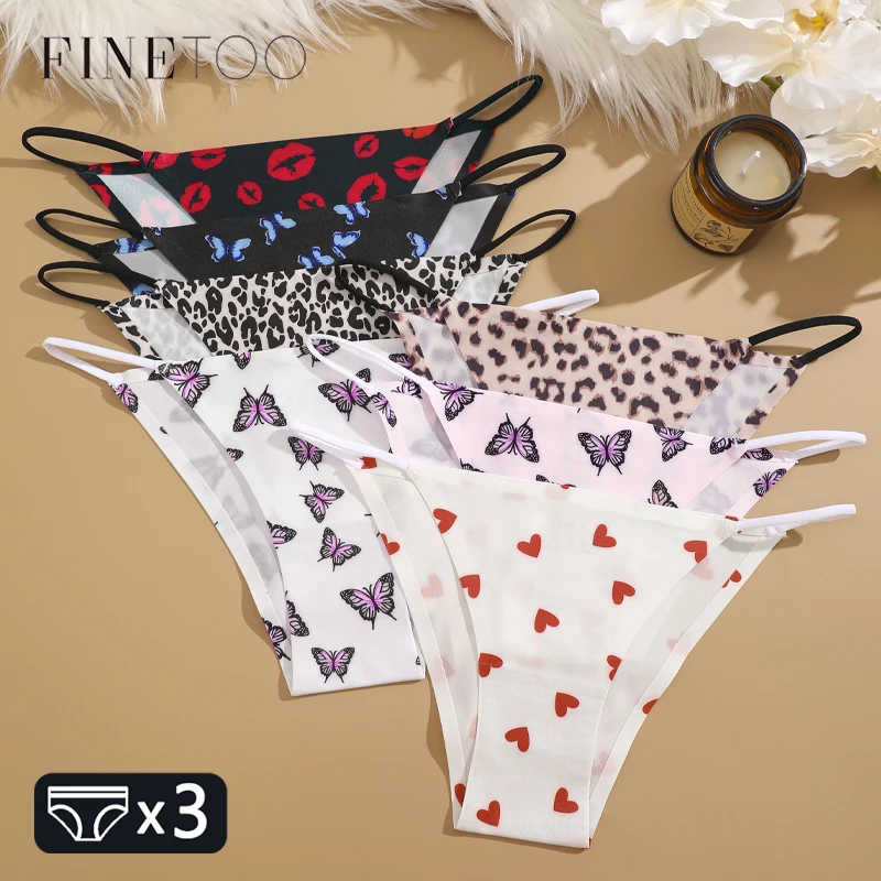 FINETOO 3Pcs Seamless Silk Leopard Underwear Women\'s Panties Flower Butterfly Sexy Brief Female Low-waist Stretch Lingerie XS-XL