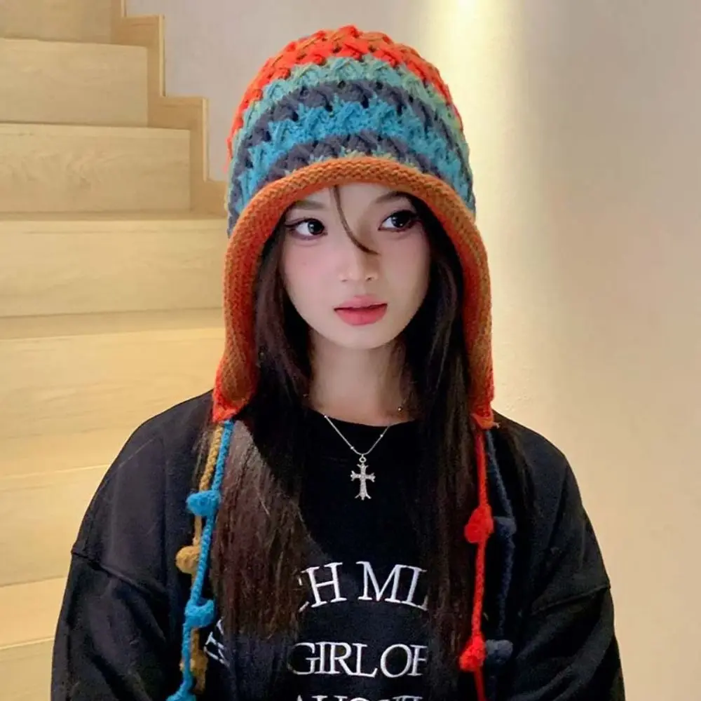 Ear Protection Tassel Ball Knitted Hat Japanese Style Windbreak Rainbow Knitted Beanie Ear Muff Cap Warm Winter Bomber Hat