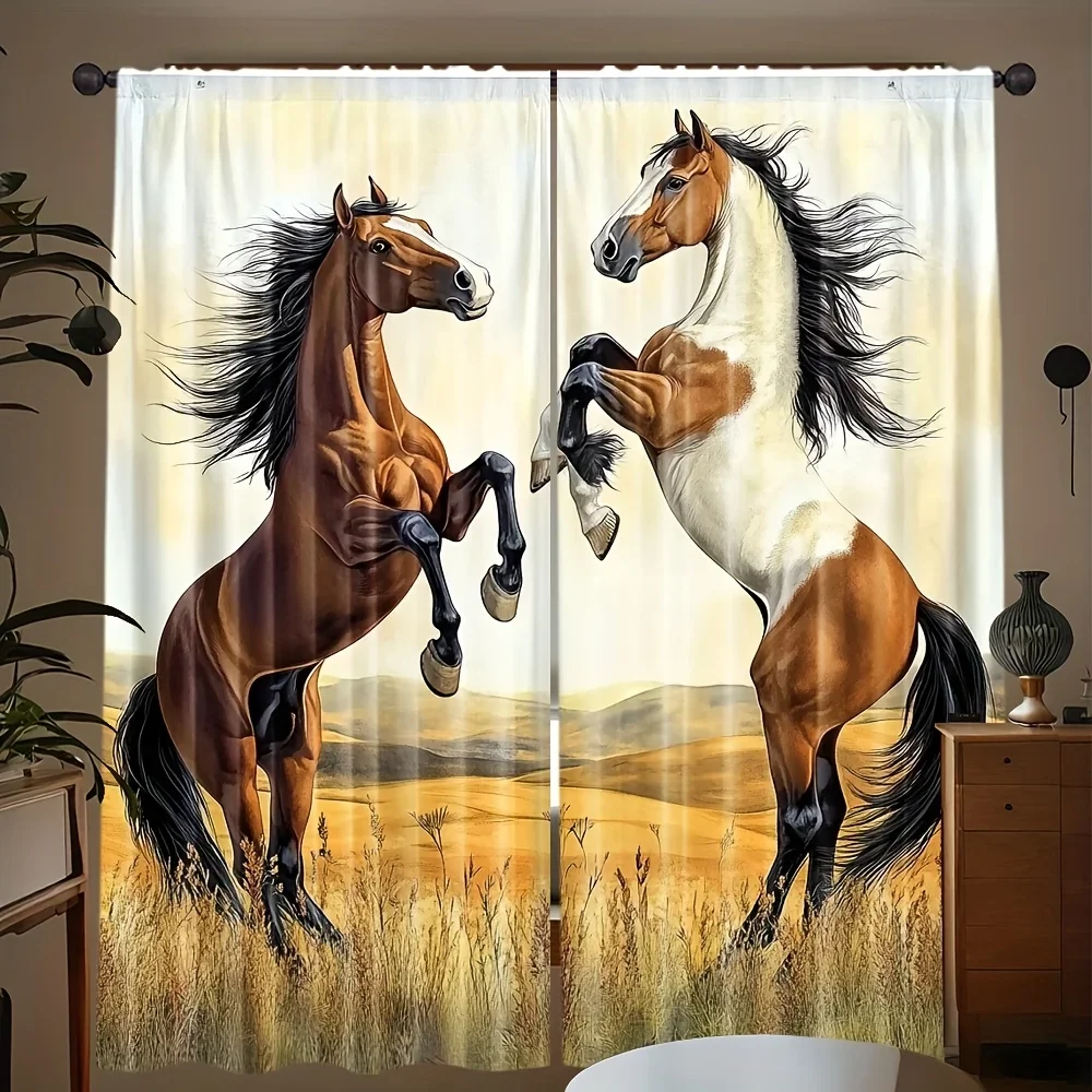 

Standing posture with two horses theme Print Drapes Room Darkening Window Curtains for Home Decor,Rod Pocket Blackout Curtains