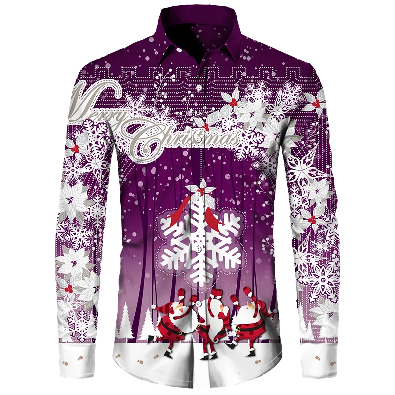 Santa Claus Printed Long Sleeved T-shirt Men Casual Holiday Clothing Four Seasons Long Sleeved Button Shirt Personalized Men Top