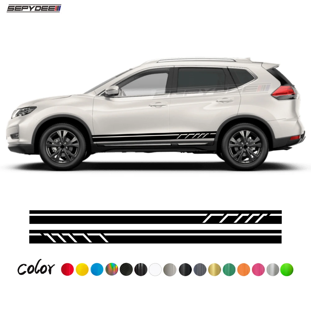 

2Pcs Car Door Side Skirt Stickers for Nissan X-Trail Rogue Auto Body Decor Long Stripe Graphic Vinyl Film Decals Car Accessories