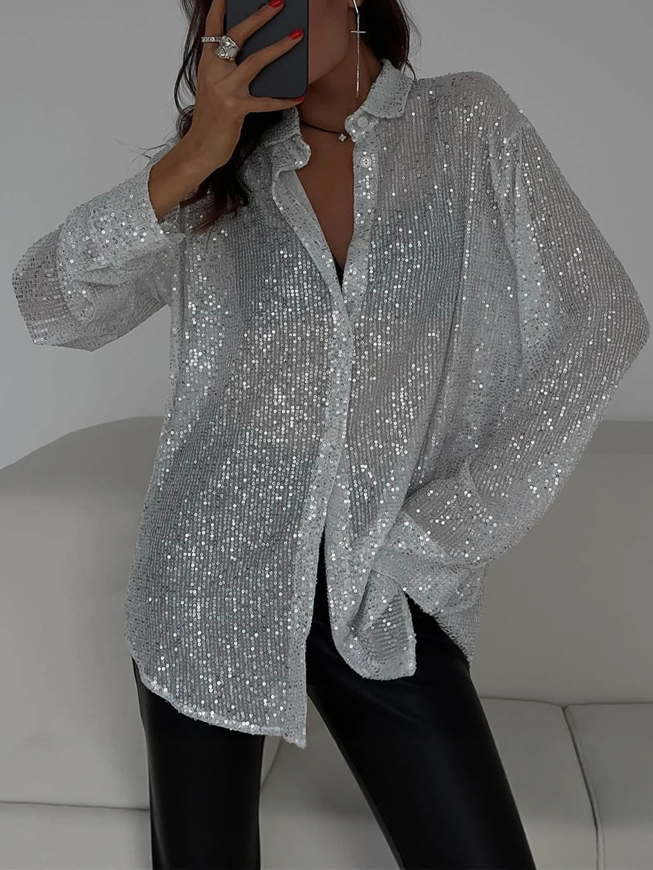 

Женская осенняя модная рубашка с блестками High Street, однобортный топ с длинным рукавом и повседневным воротником