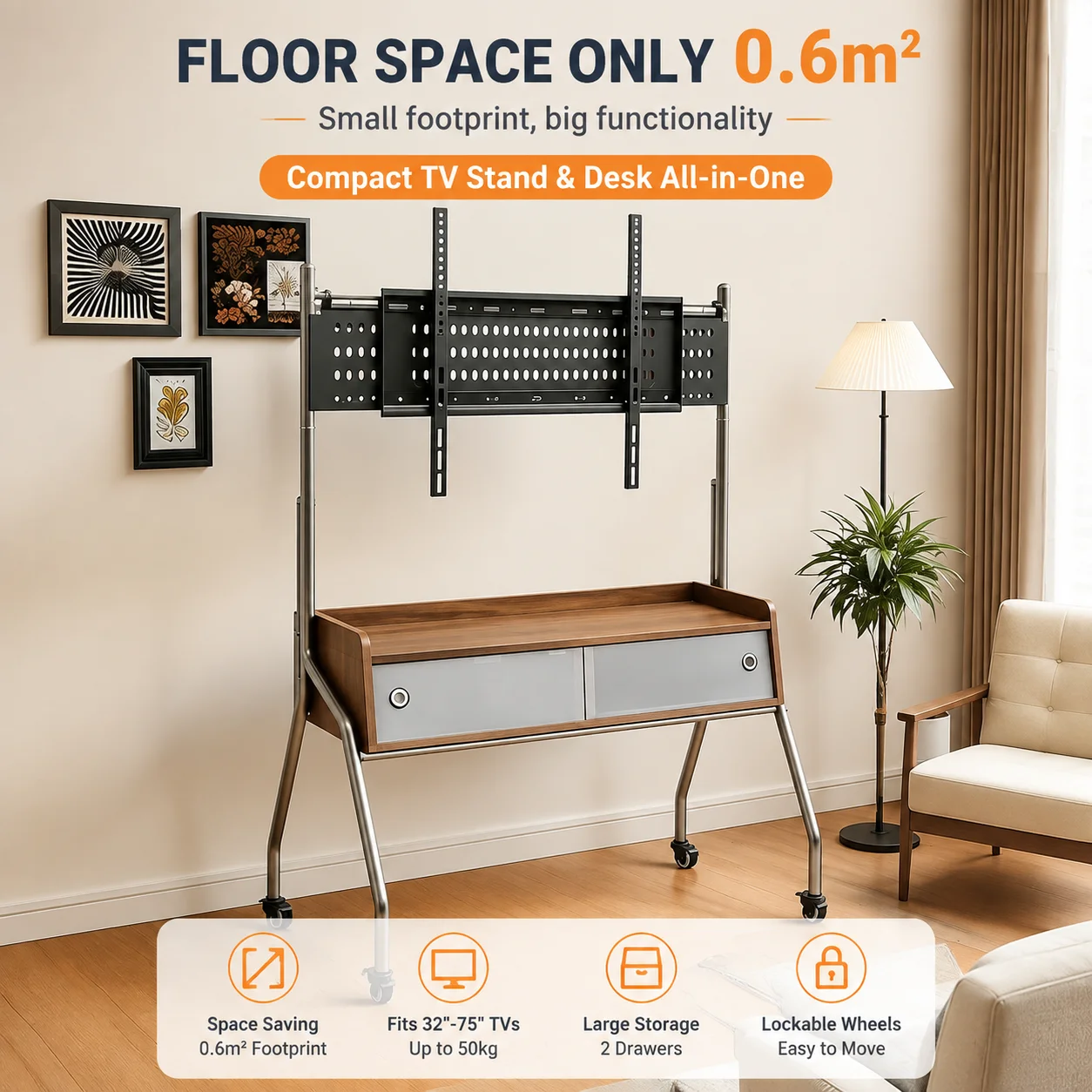 Modern Rolling TV Stand for 32–75 Inch Flat Screens – Space-Saving Design with Locking Casters