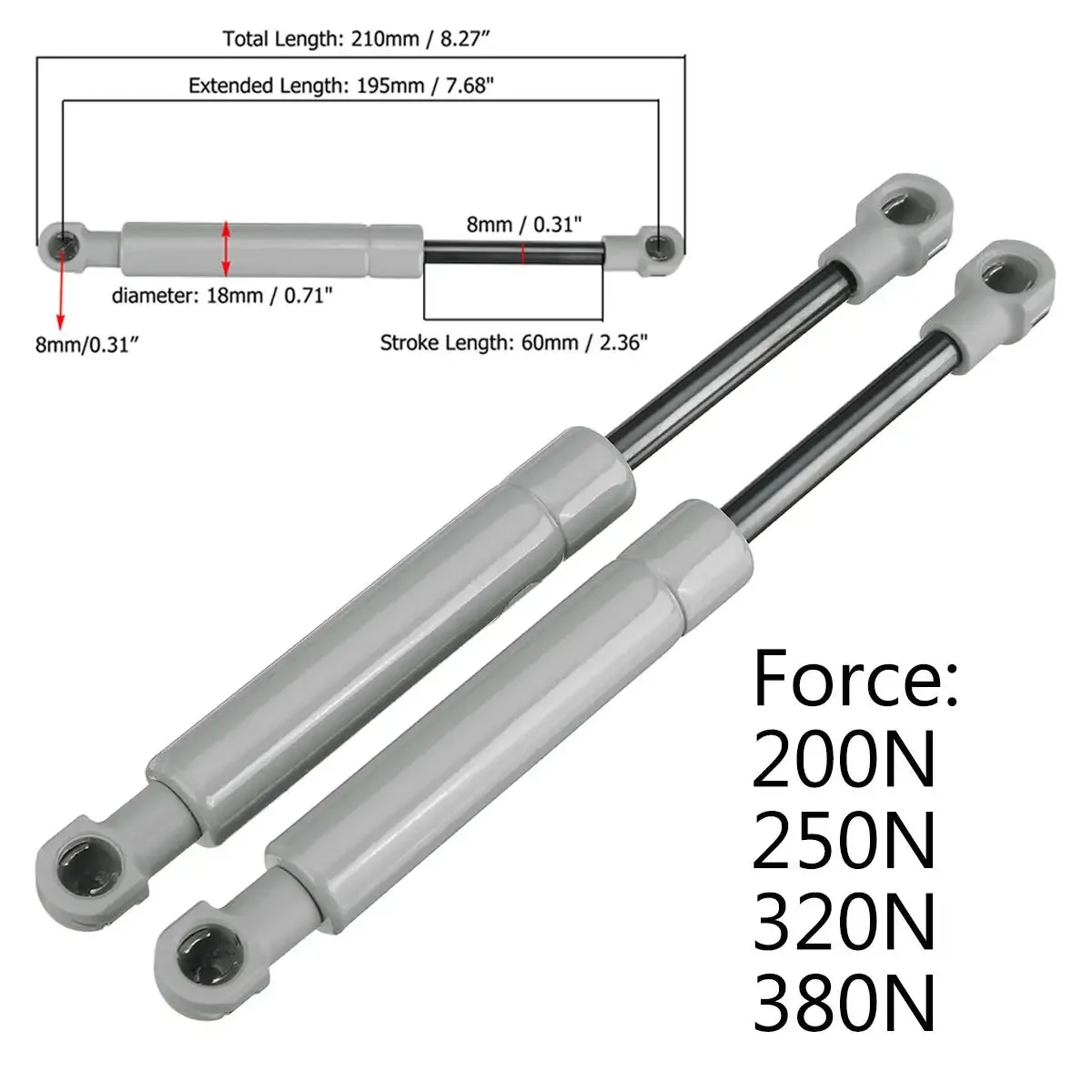 

2pcs 195mm 8mm 200-380N Car Gas Strut Bars Gas Spring Hood Support Rod Shock Lift for RV Bed Window Bus Caravans