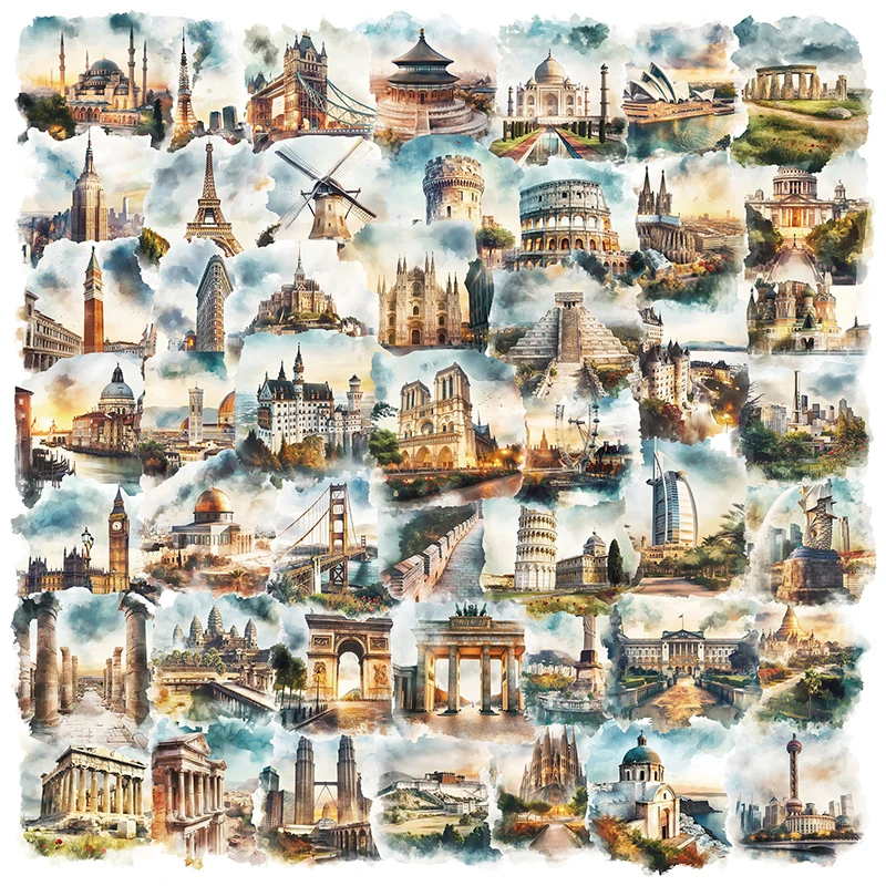 Autocollant de voyage de frappe de ville, étiquette de bâtiments célèbres, pour réfrigérateur, ordinateur portable, téléphone, valise, Skateboard, Graffiti étanche, DIY bricolage, 50 pièces