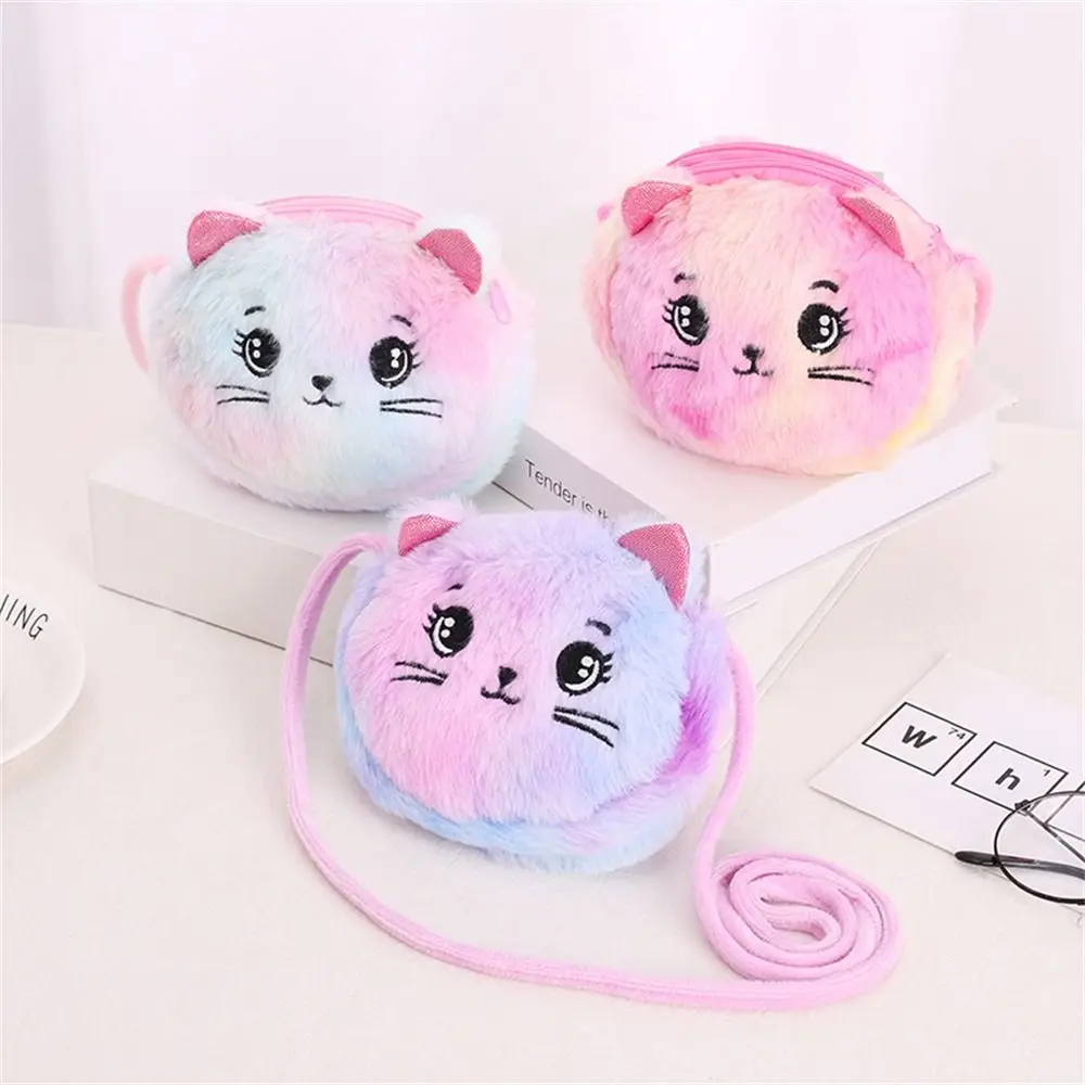 Lovely Rainbow Color Shoulder Bag Mini Soft Cat Handbags Kids Pockets Children