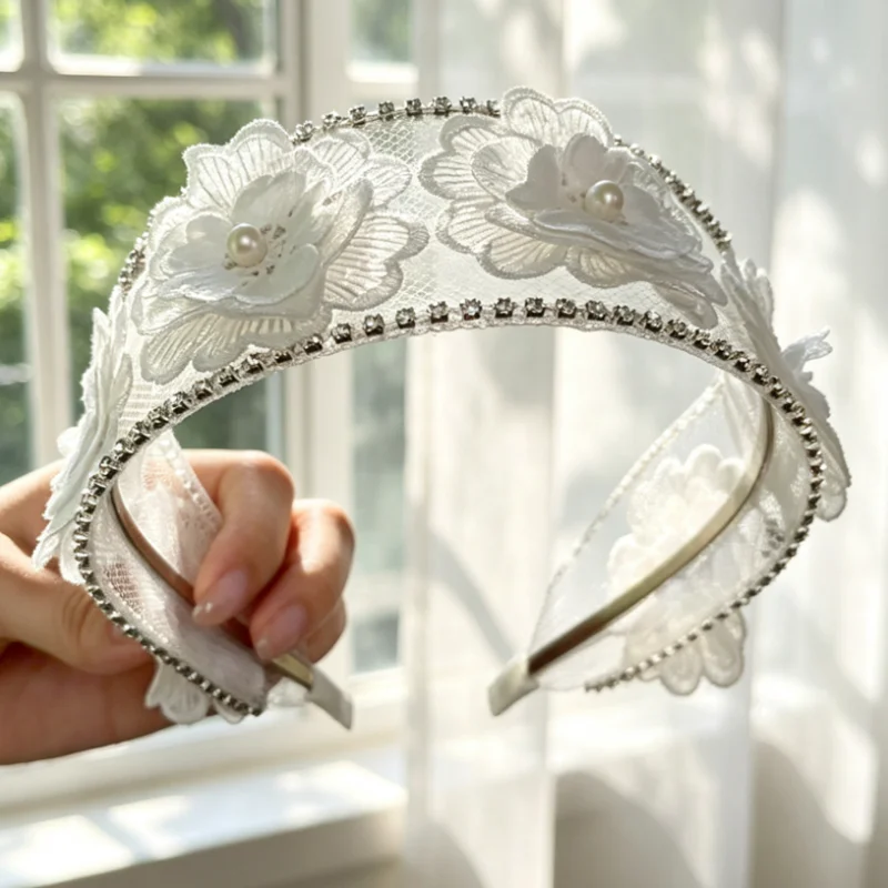 Serre-tête blanc ajouré en dentelle florale pour femme, mariée, demoiselle d'honneur, accessoire de cheveux tendance