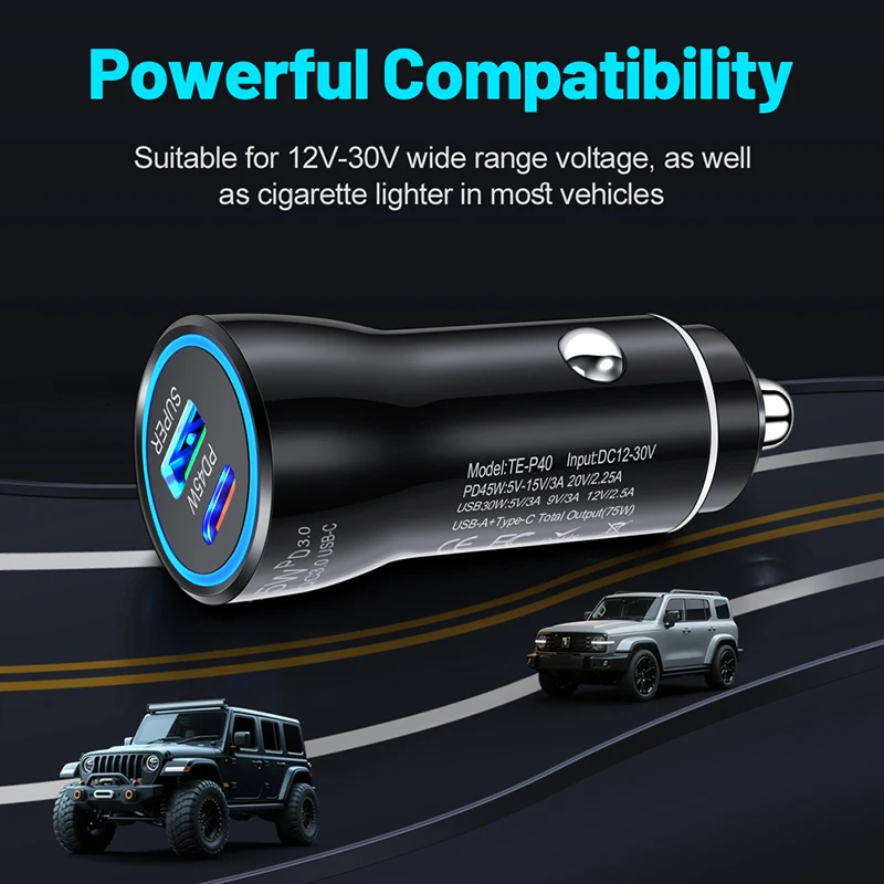 Dual Port 45W USB C Car Charger PD QC3.0 Fast Charging Auto Power Adapter With Blue LED Ring Universal Fits Mobile Phone Tablet view 4