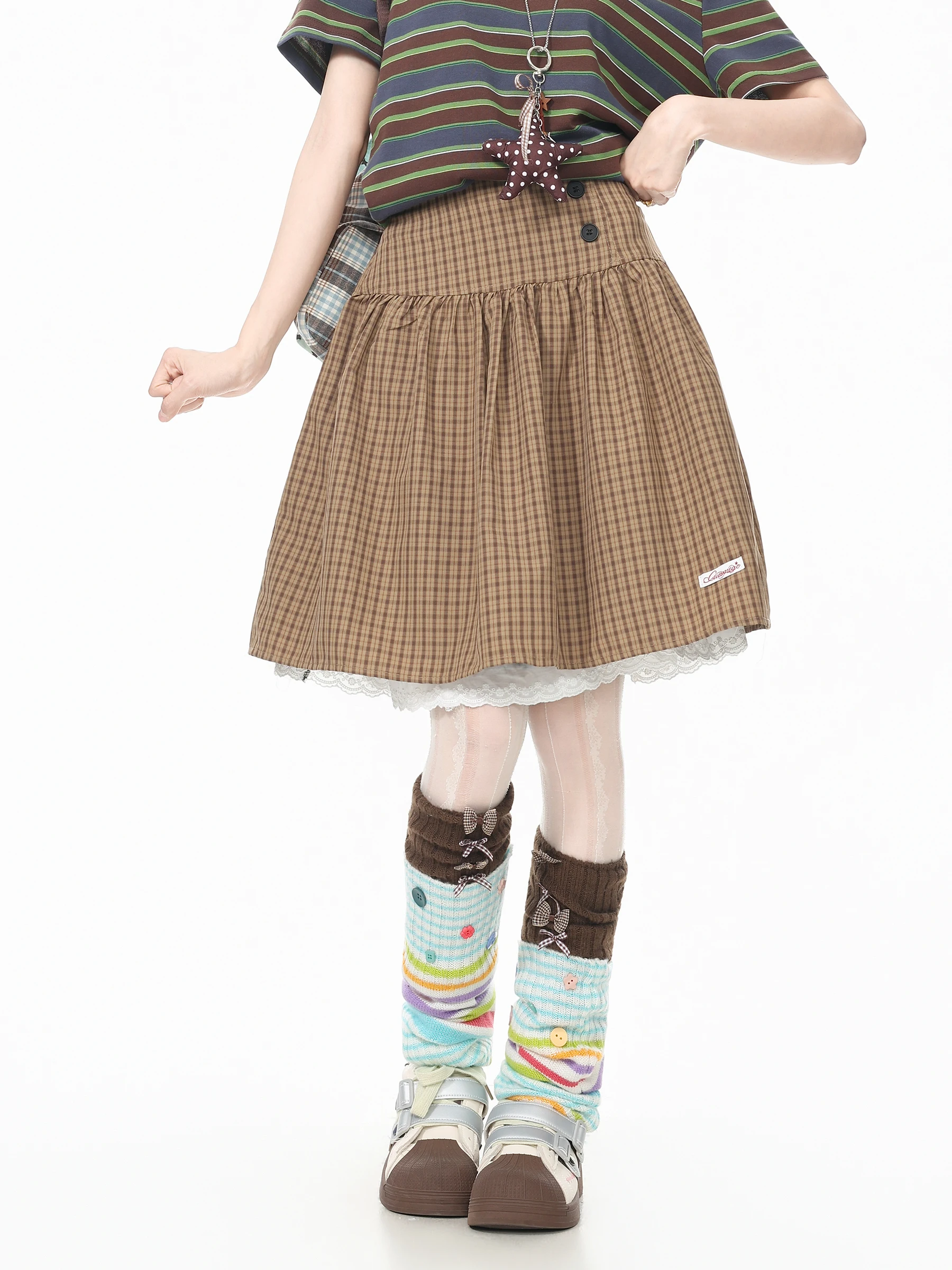 High Waist A-Line  Skirt with Lace Patchwork And Plaid Design for Women Comfortable Casual Style Soft Fabric Skirts