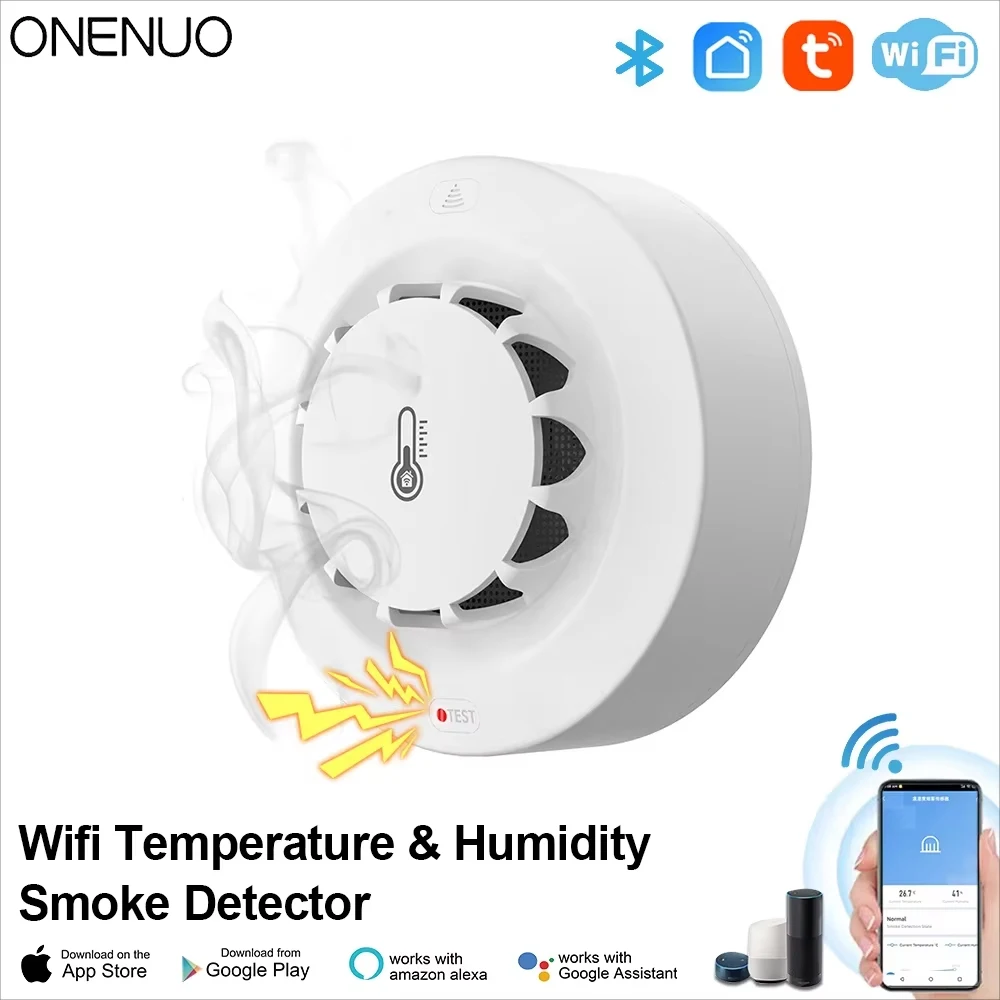 

ONENUO WiFi Smoke Detector Alarm Fire Smoke with Temperature Humidity Detection 80dB Sound for Alexa Google Home Tuya Smart Life