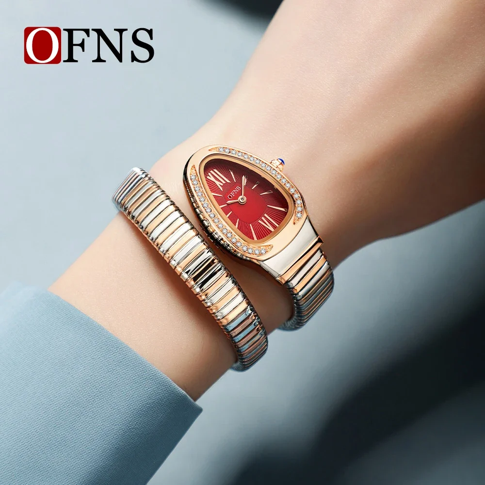 OFNS 1573 Женские кварцевые часы в стиле ретро со змеевидной бриллиантами, инкрустированные двойной иглой, элитные женские кварцевые стрелки 2025