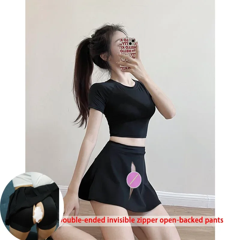 Women Open Crotch Mini Skirts Sexy Gym Skort Fitness Culottes Yoga Women's Clothing Kawaii Skirt Sports Shorts Casual Streetwear