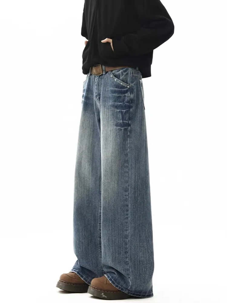 Retro Amerikaanse klinknagel jeans heren herfst winter losse rechte pijpen getailleerde Faion merk all-match wijde pijpen broek