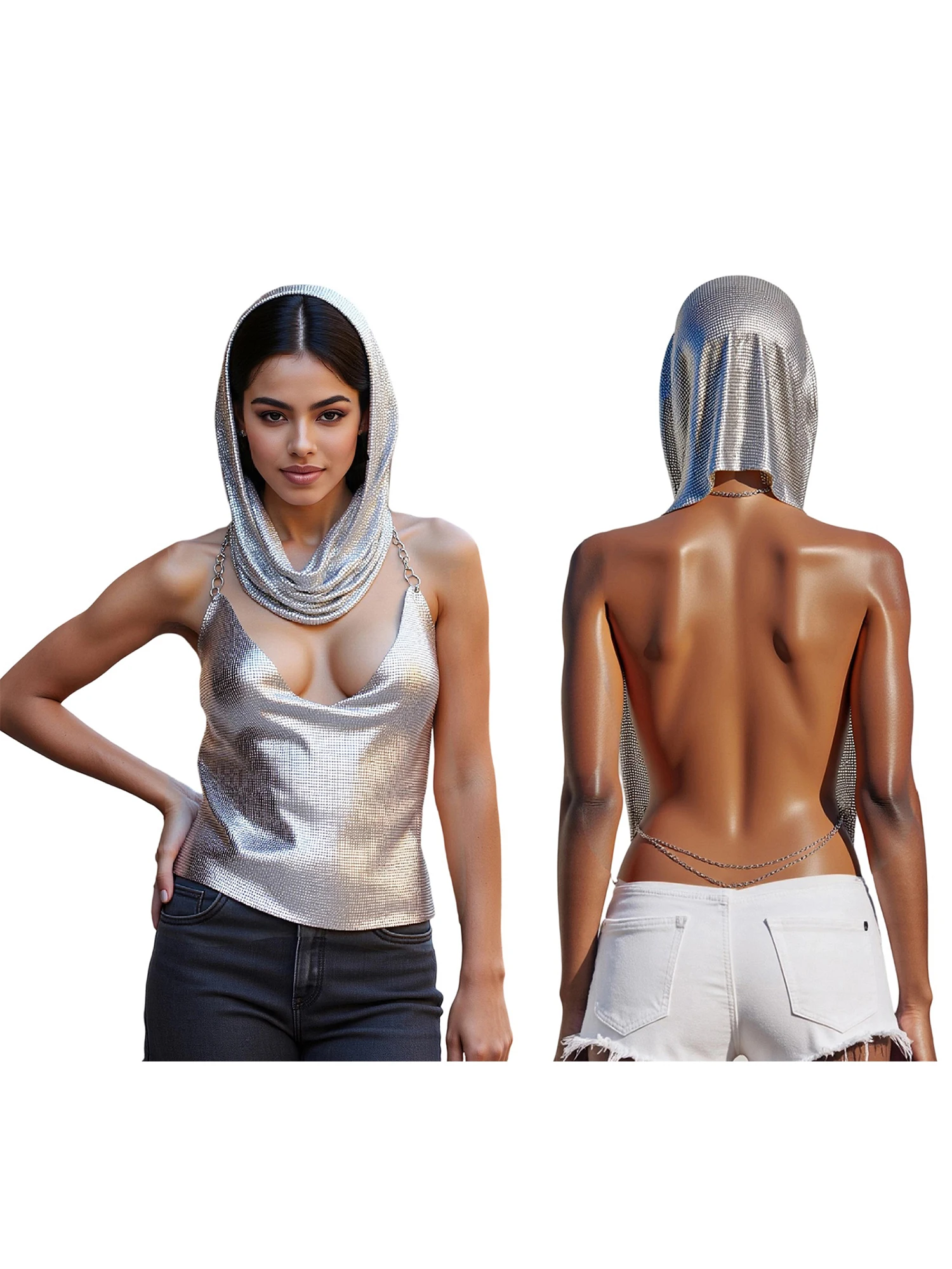 Ensemble haut et jupe élégant à paillettes avec foulard assorti – Gilet scintillant sans manches à col bénitier et mini jupe scintillante