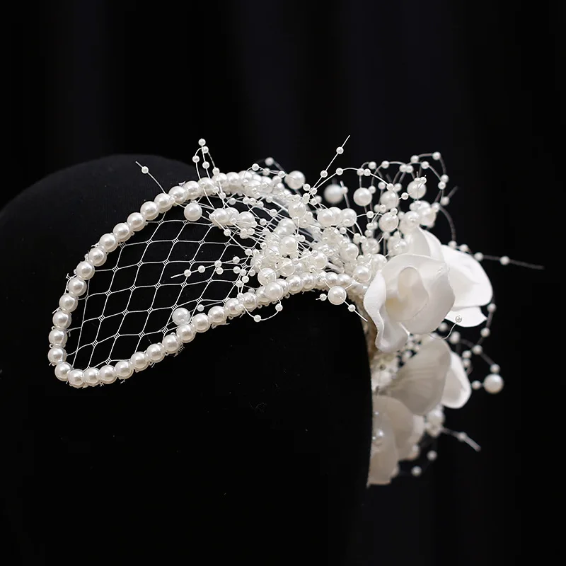 bride flower gauze net Hair Band New Korean Mori series white pearl hairbands women wedding hair jewelry