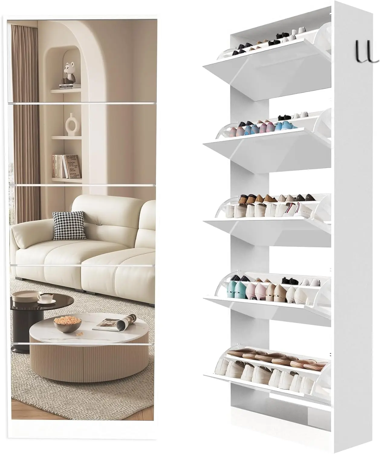 Tiers, Slim Free Standing Hidden Shoe Cabinet with 5 Flip Drawers for Front Door Entrance, Closet（White）