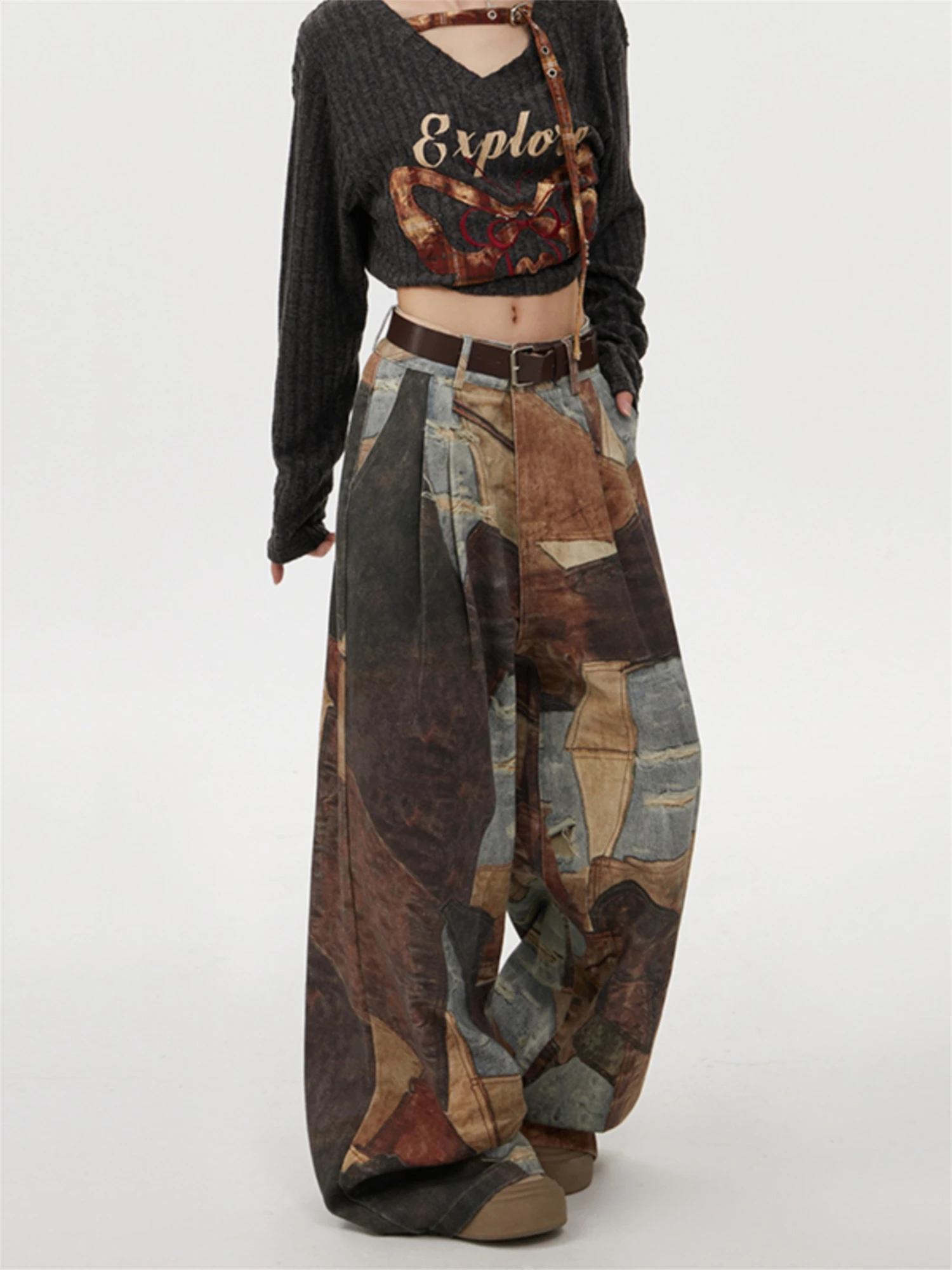 بنطلون جينز نسائي عالي الخصر وواسع الساق مرقع عتيق مغسول متعدد الألوان ريترو Y2K ملابس الشارع الشهير من قماش الدنيم #3