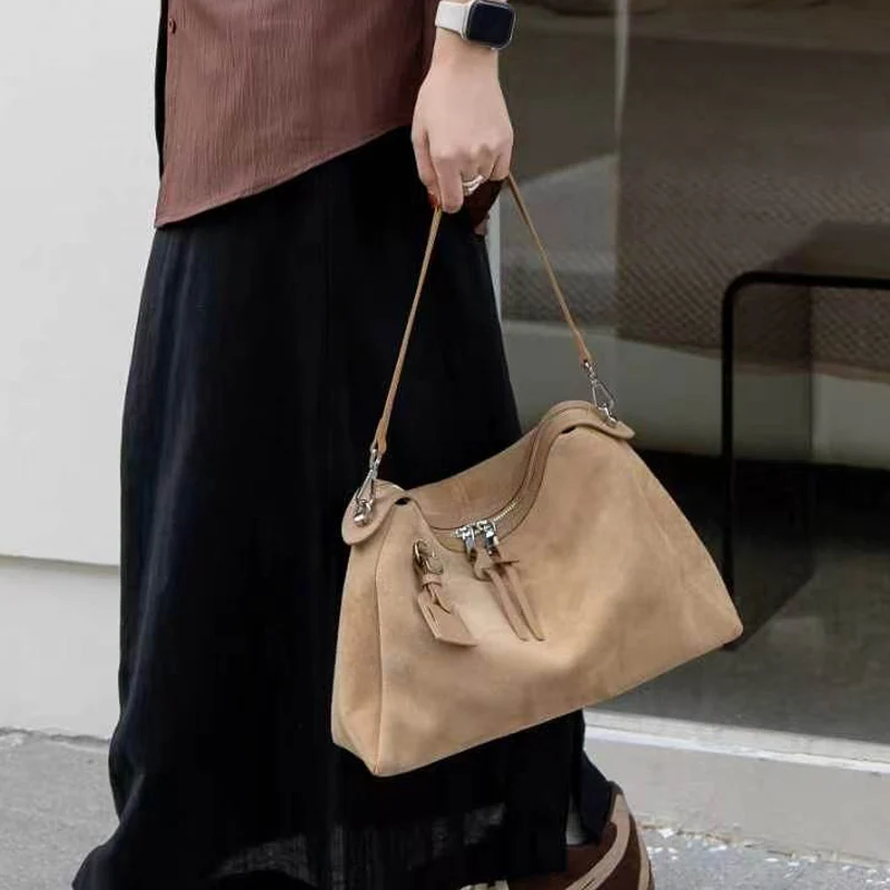Women Soft Split Suede Leather Shoulder Bag with Removable Strap Solid Color Casual Daily Crossbody Bags Lady Minimalist Handbag