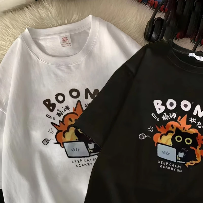 

Women T Shirt Cat Printed T-Shirt Funny Casual Short Sleeve Couples T-Shirt Streetwear Female Top Y2K Tee