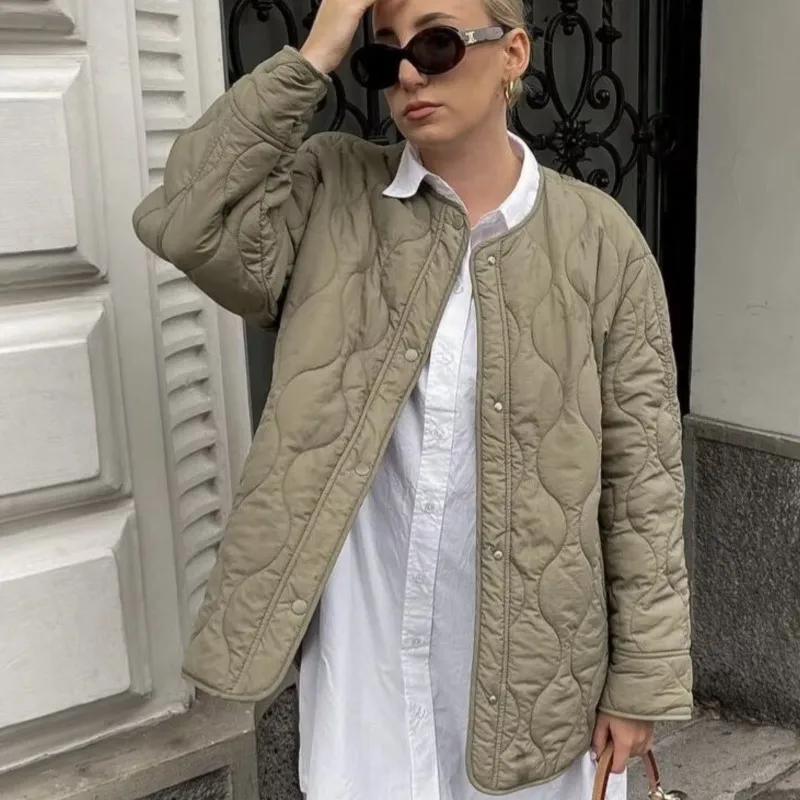 

2025 женская зимняя корейская ретро-стиль с круглым вырезом, свободная стеганая хлопковая стеганая куртка, утепленная теплая повседневная уличная одежда, пальто