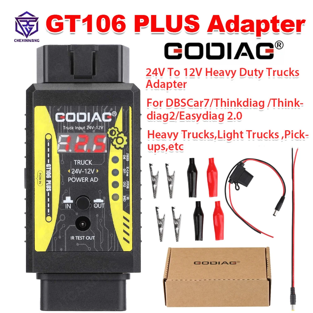 Godiag GT106 PLUS OBD2 24V to 12V Heavy Duty Truck Adapter for Easydiag/ Golo/ ThinkCar/ICarScan/Thinkdiag 2/DBScar II DBScar7