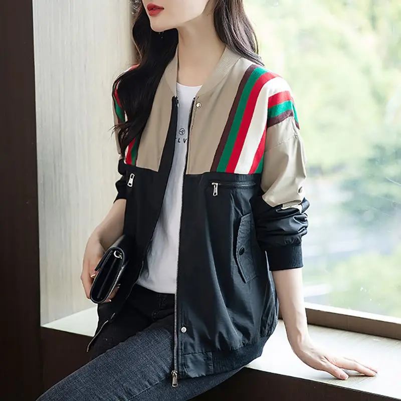 Fashion Zipper Pockets Spliced Striped Casual Coats Women's Clothing 2023 Autumn Winter Loose All-match Tops Commuter Jackets