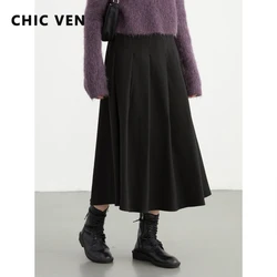 CHIC VEN Women Skirts Solid Loose New Short High Waist Pleated A-line Slim Female Skirt Ladies Clothing Autumn Winter 2023