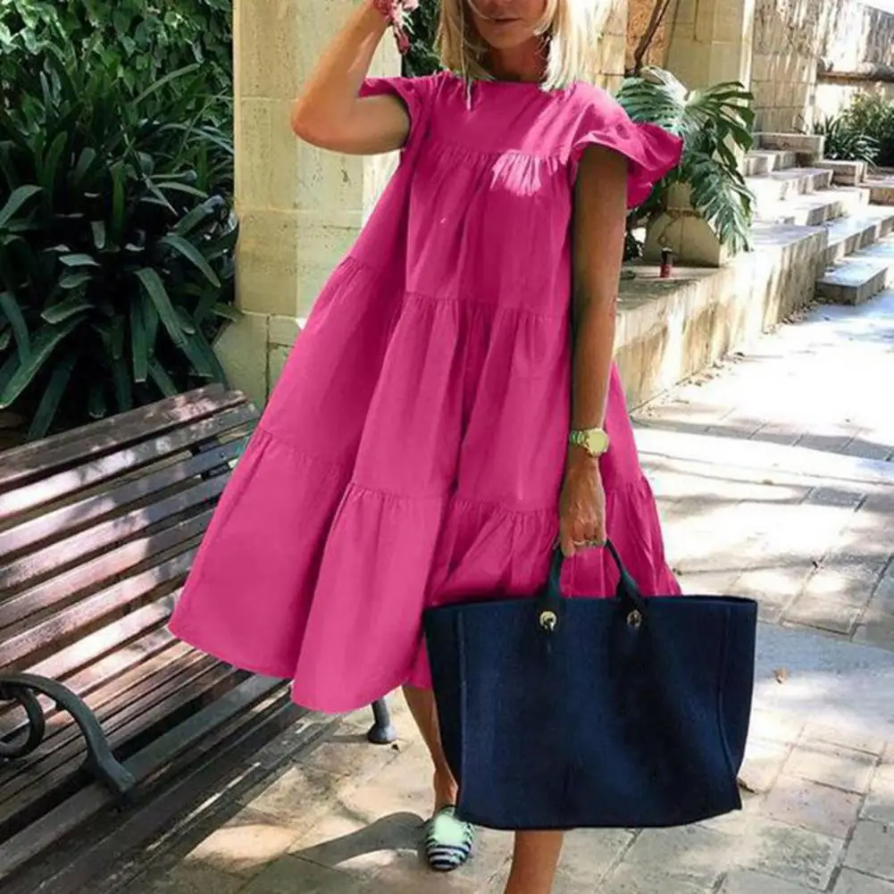 

Loose Waist Women Dress Elegant Summer Midi Dress with Fly Sleeve Ruffle Stitching Swing Hem Party Dress Solid Color for Women