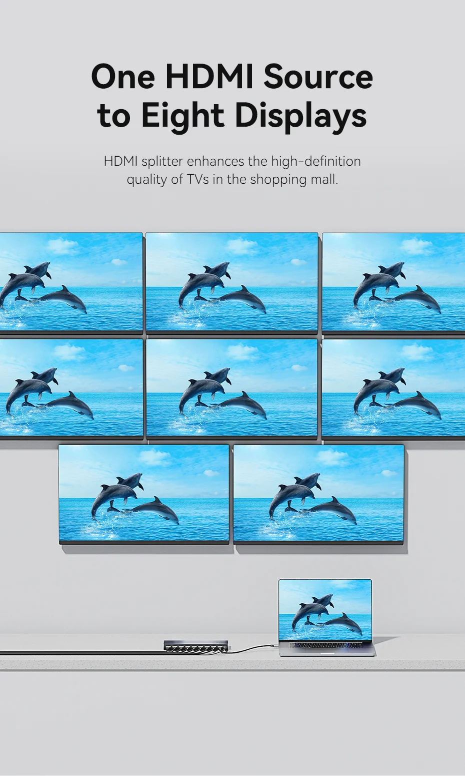 Intervention HDMI Splitter 1 in 8 Out Adapter 4k 60Hz HDMI 2.0 1x8 Umschalter mit Netzteil für TV Xbox PS4 Blu-ray Player HD-Kabel – Detail 3