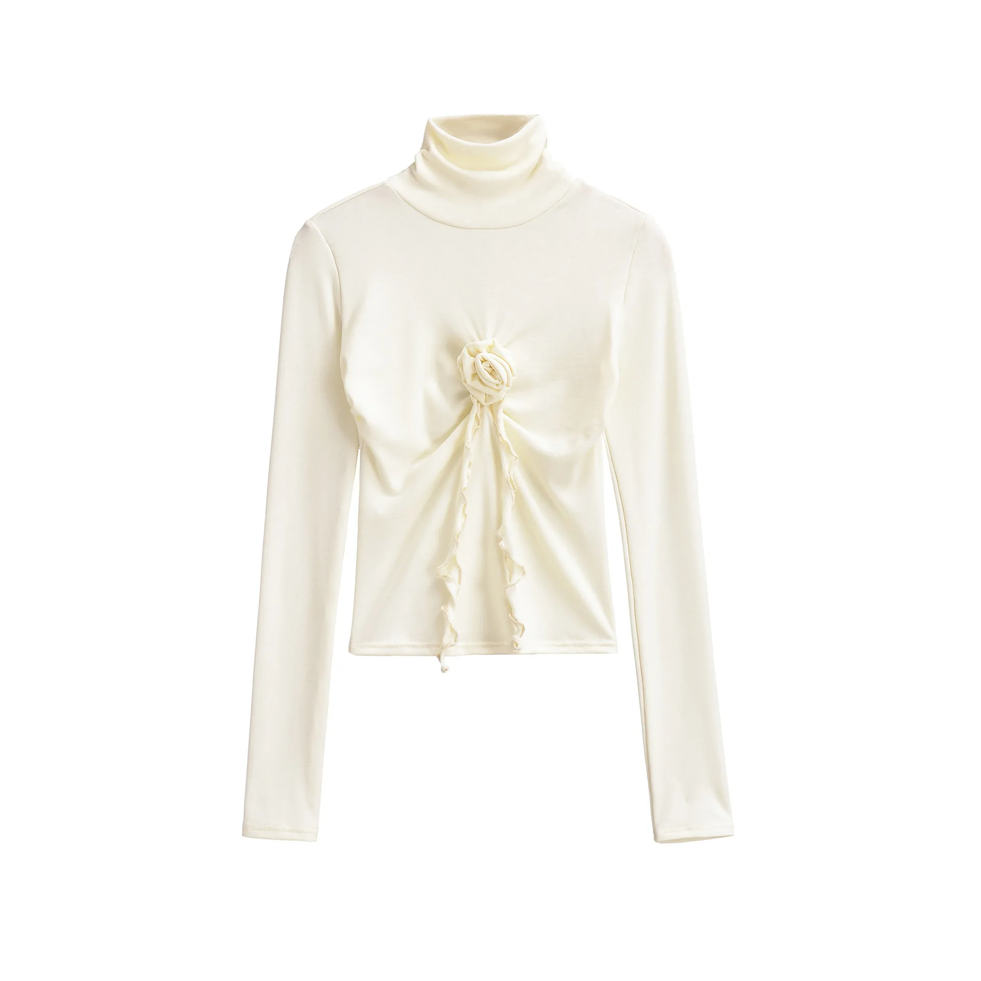 Korean Casaul Style T-Shirt High Neck Clean Face Three-Dimensional Flower Slim Fit Long Sleeve Sweet Style Pullover T-Shirt 9FVW