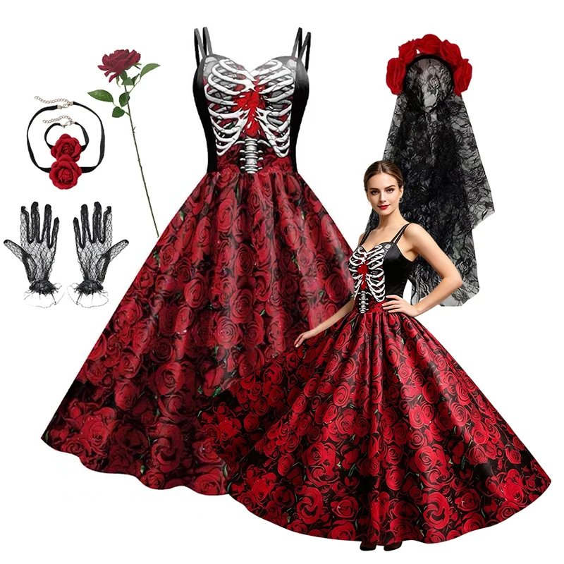 Women Girls Gothic Skeleton Rose Spaghetti Strap Midi Dress Vintage Floral Skull Halloween Carnival Cosplay Party Outfit