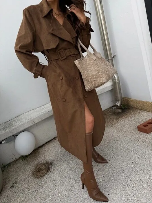 American Retro Long Coat Jacket Women's Double-Breasted Belted Coat Autumn Winter New Style High-End Feelings Fashionable Wom...