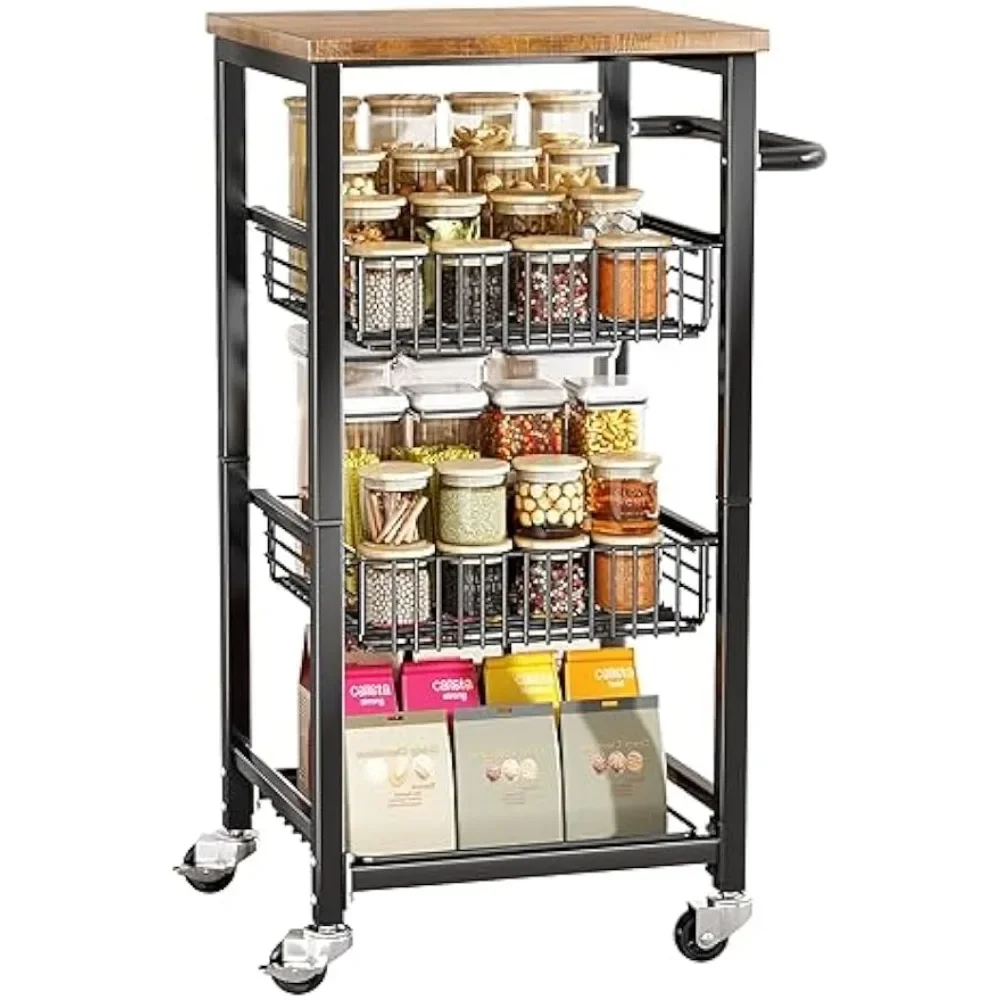 

Kitchen Storage Cart with Wood Top - Pull Out Drawer Organizer Basket for Pantry Containers Bottles Spice Jars Fruit Vegetable