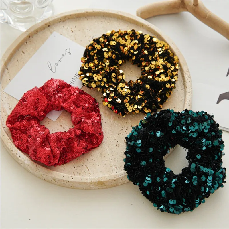 

2023 Autumn Winter New Women Elegant Large Scrunchie Solid Color High Elastic Sequin Hair Bands Fashion Girls Hair Binding Rope