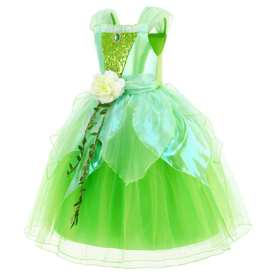 Tinker Bell Role Play Princess Dress Girls Cosplay Elf Fairy Costume Floral Birthday Carnival Party Vestido Children Green Gown