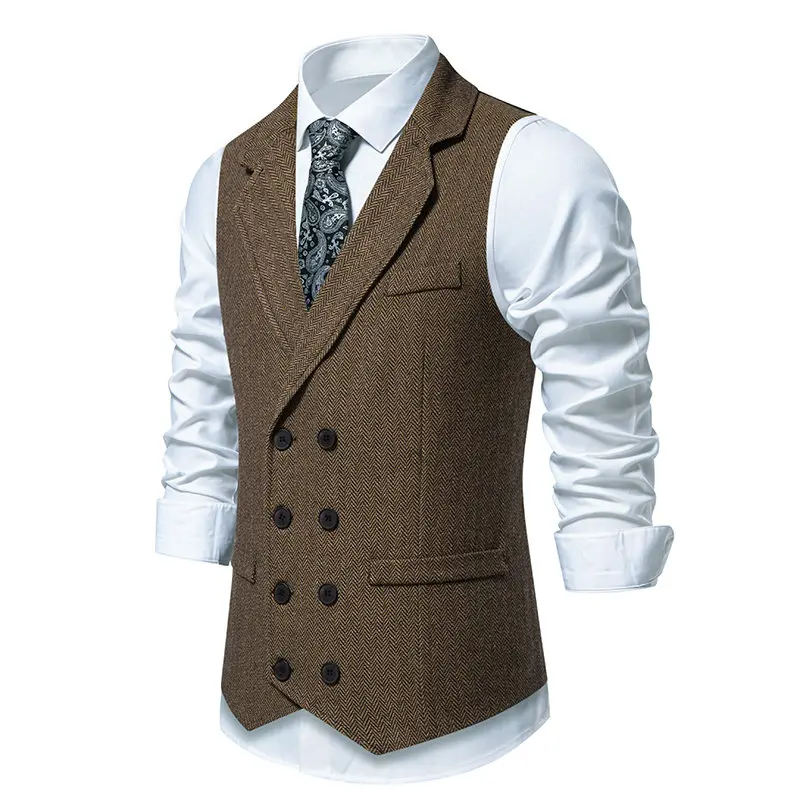 New Men\'s Smart Casual Suit Vests Vintage Solid Color Double Breasted Turn Down Collar England Style Waistcoat Men Slim Fit Vest