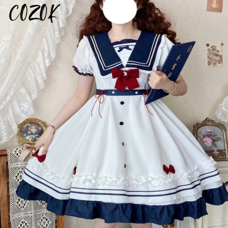 

Sweet Cute Summer Sailor Collar Long Sleeve Op Lolita High Waist Dress Daily Girl Color Matching White Dresses Full Set